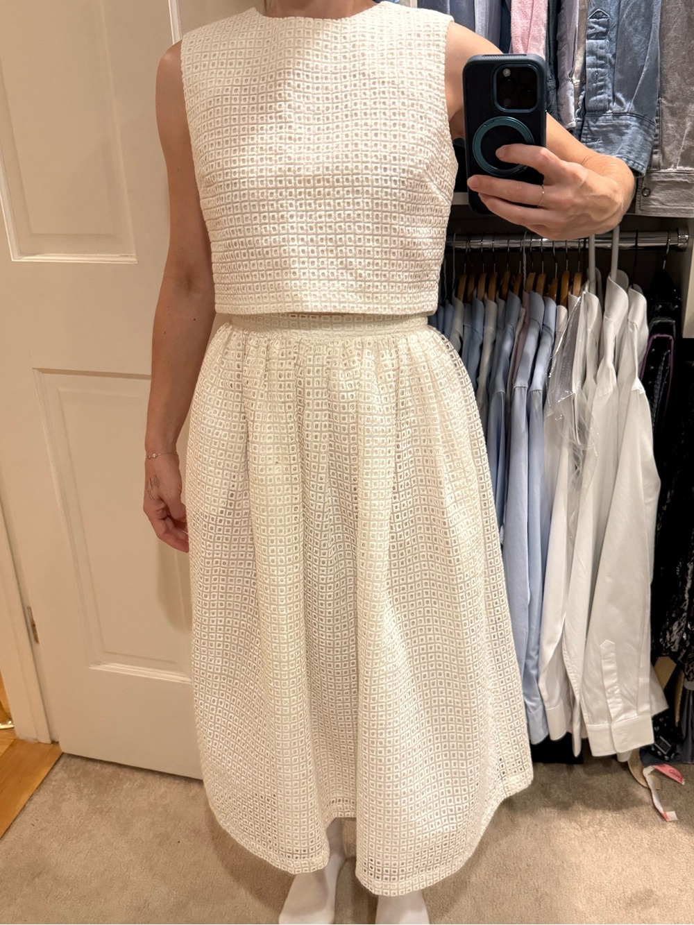 White Textured A-Line Midi Skirt and matching top